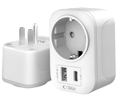 Netzladegerät Tech-Protect TA100 Travel US, 20W, 3A, 1 x Schuko - 1 x USB-A - 1 x USB-C, Weiß