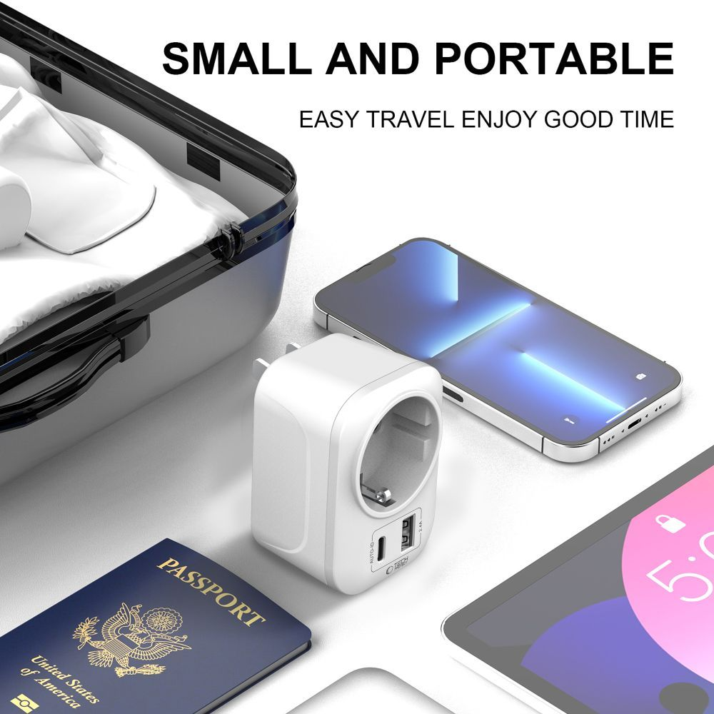 Netzladegerät Tech-Protect TA100 Travel US, 20W, 3A, 1 x Schuko - 1 x USB-A - 1 x USB-C, Weiß