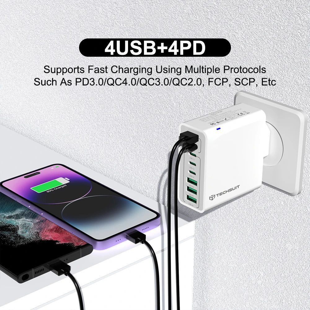 Netzladegerät Techsuit CHPD224, 65W, 3.25A, 4 x USB-A - 4 x USB-C, Schwarz