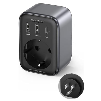 UGREEN 15289 US Network Charger, 30W, 3A, 2 x USB-A - 1 x USB-C - 1 x Schuko, Black