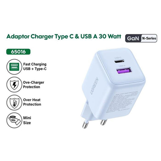 UGREEN X516 Network Charger, 30W, 3A, 1 x USB-A - 1 x USB-C, White