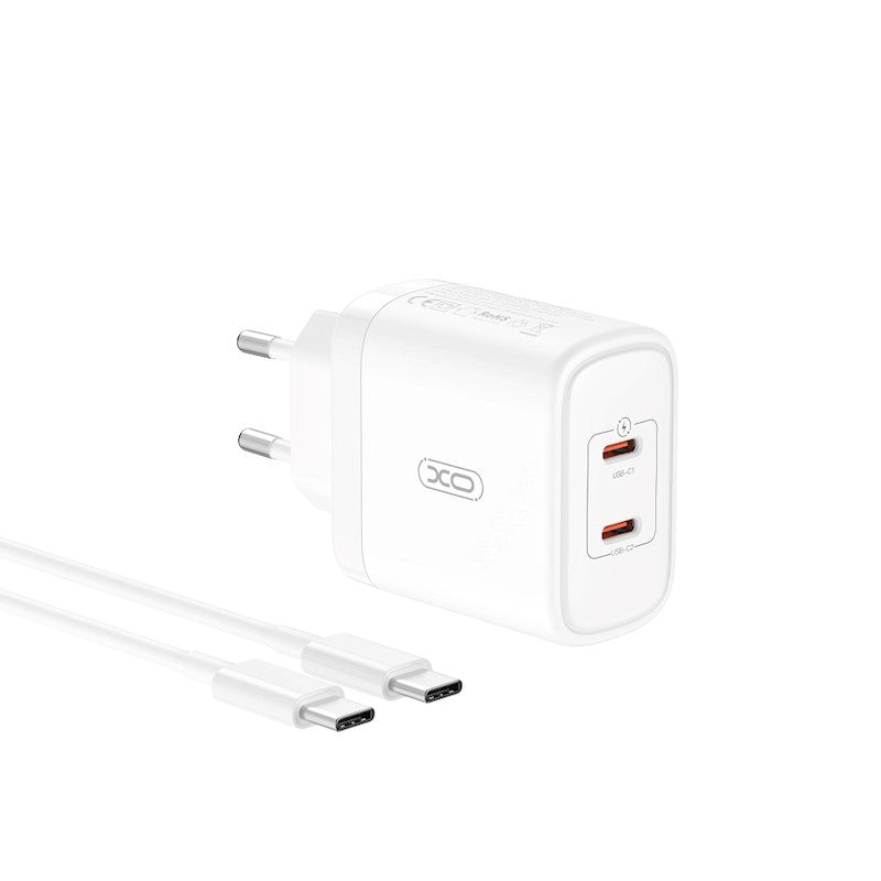 Netzwerkladegerät mit USB-C-Kabel XO Design CE08, 50 W, 3 A, 2 x USB-C, Weiß