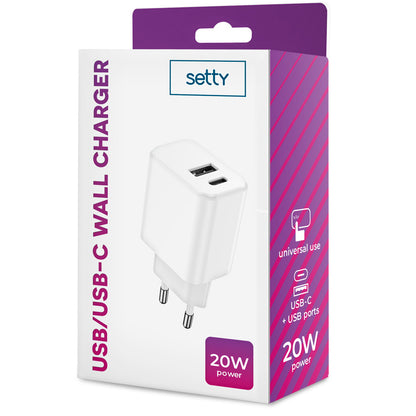 Setty Netzwerkladegerät, 20 W, 3 A, 1 x USB-A – 1 x USB-C, Weiß