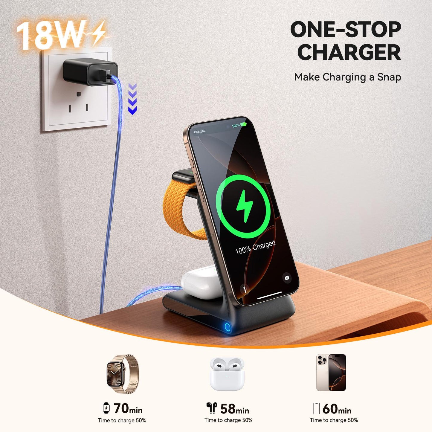 Drahtloses Netzladegerät Joyroom JR-W15 3in1, 15W, 1.67A, Schwarz