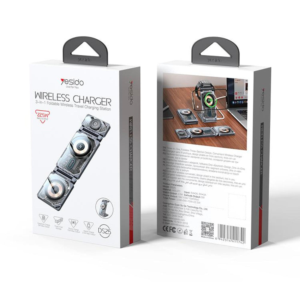 Drahtloses Netzladegerät Yesido DS25 3in1, 15W, 1.67A, Schwarz