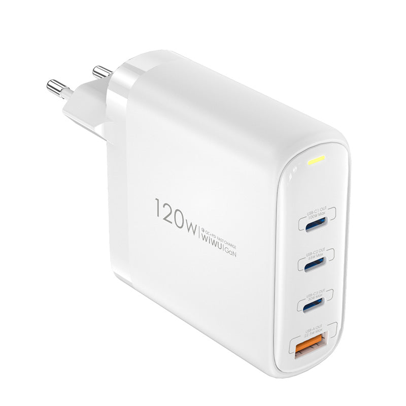 WiWu Wi-U020 Netzwerkladegerät, 120 W, 3 A, 1 x USB-A – 3 x USB-C, Weiß