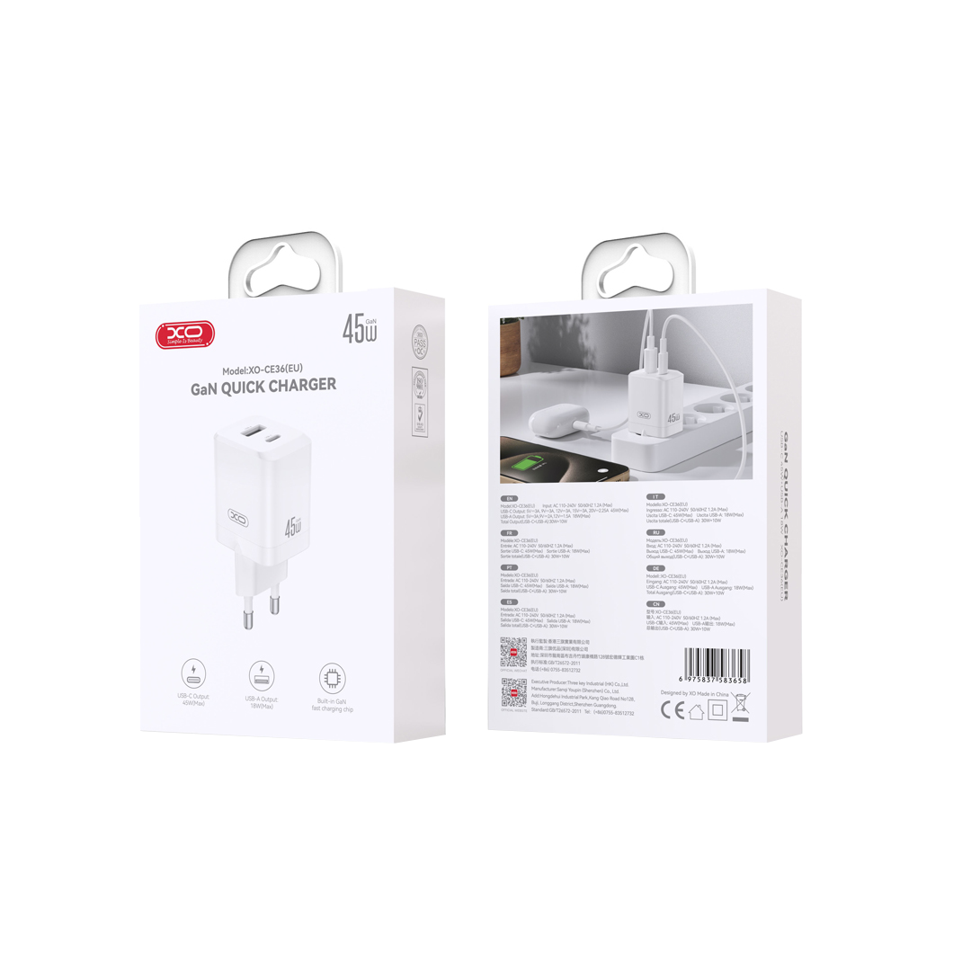 Netzladegerät XO Design CE36, 45W, 3A, 1 x USB-A - 1 x USB-C, Weiß