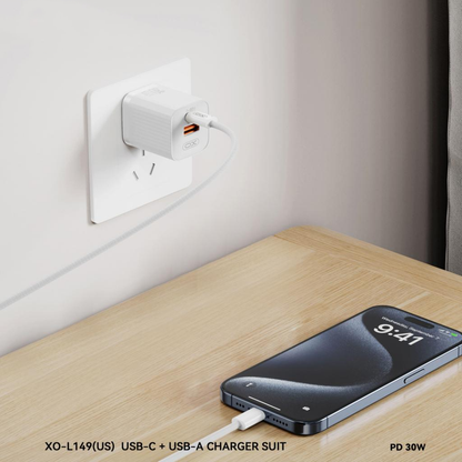 XO Design L149 Wall Charger, 30W, 3A, 1 x USB-A - 1 x USB-C, White
