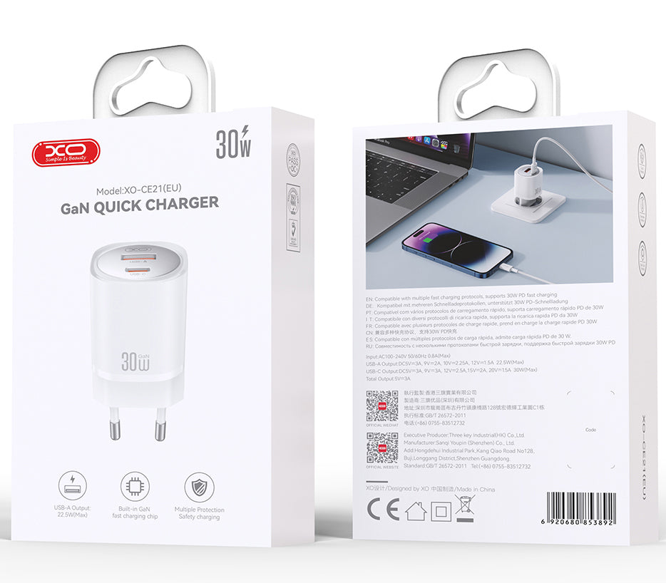 Netzladegerät XO Design CE21, 30W, 3A, 1 x USB-A - 1 x USB-C, Weiß