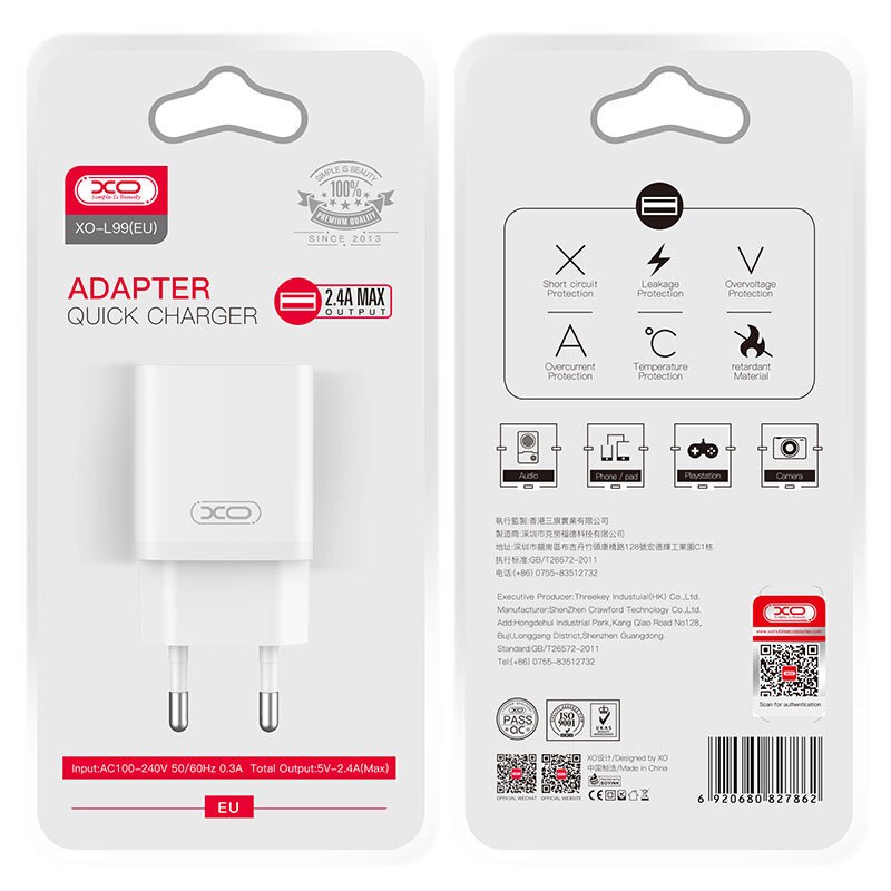 Netzladegerät XO Design L99, 12W, 2.4A, 1 x USB-A, Weiß