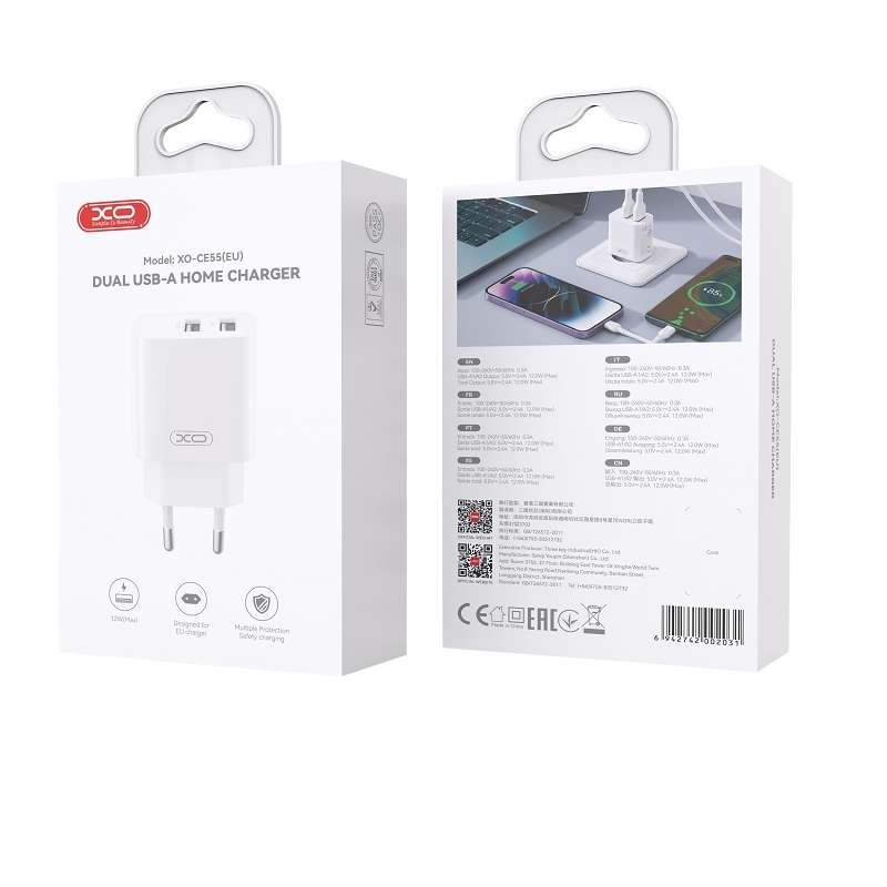 XO Design CE55 Netzladegerät, 12 W, 2,4 A, 2 x USB-A, Weiß