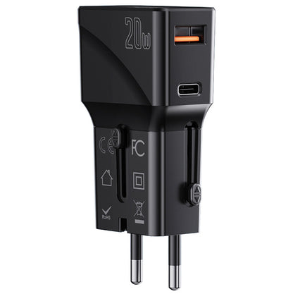 Yesido MC17 Reisenetzwerk-Ladegerät, 20 W, 3 A, 1 x USB-A – 1 x USB-C, Schwarz