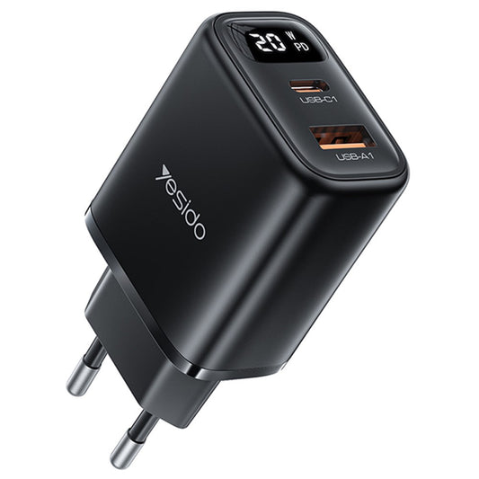 Netzladegerät Yesido YC68, 20W Display, 3A, 1 x USB-A - 1 x USB-C, Schwarz