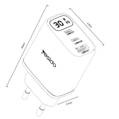 Yesido YC69 Display Network Charger, 30W, 3A, 1 x USB-A - 2 x USB-C, Black