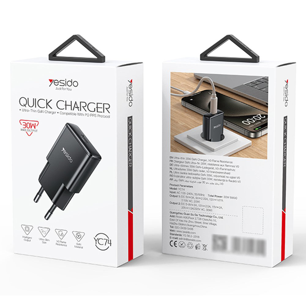 Netzladegerät Yesido YC74, 30W, 3A, 1 x USB-C, Schwarz