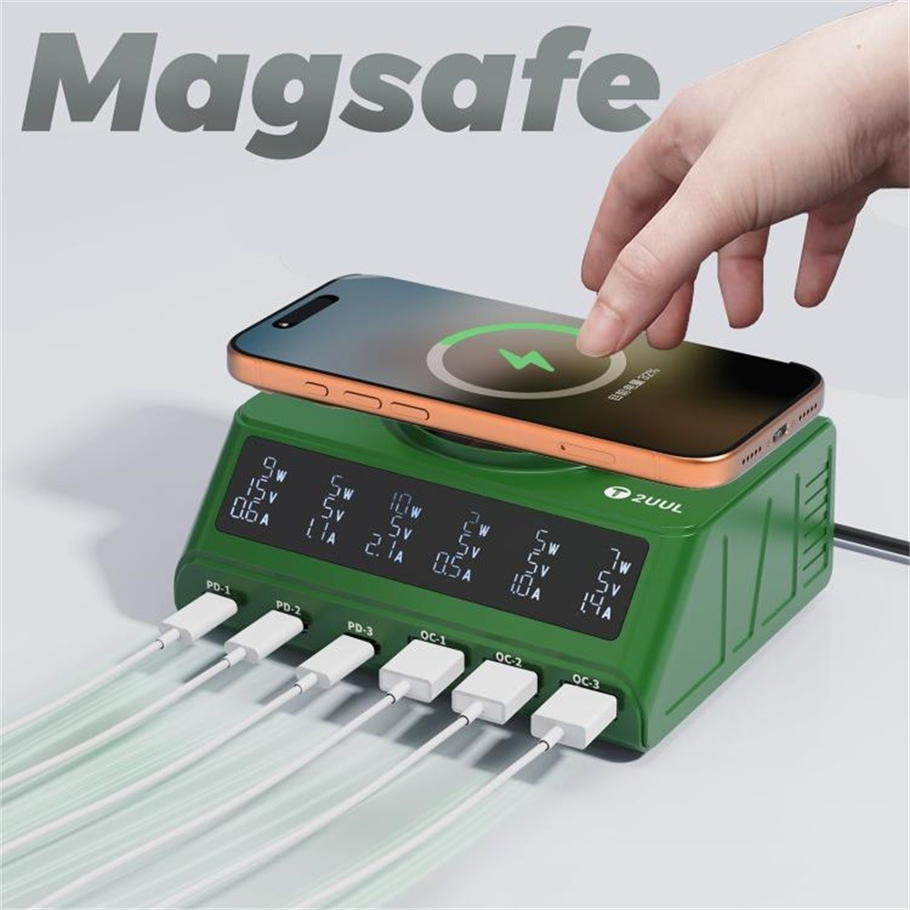 Ladestation 2UUL PC11 QI, 110W, 3A, 3 x USB-A - 3 x USB-C, Grün