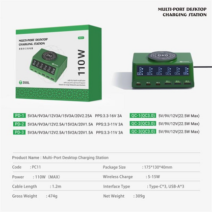 Ladestation 2UUL PC11 QI, 110W, 3A, 3 x USB-A - 3 x USB-C, Grün