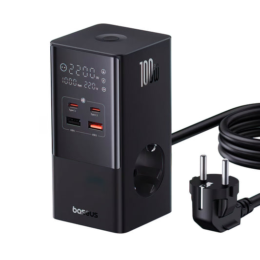 Baseus PowerCombo Tower Ladestation, 100W, 5A, 2 x Schuko - 2 x USB-A - 2 x USB-C, Schwarz E00023609113-00