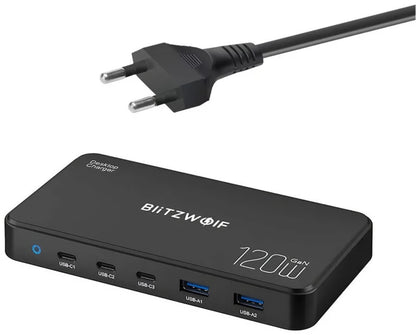 Ladestation BlitzWolf BW-i100, 120W, 5A, 2 x USB-A - 3 x USB-C, Schwarz