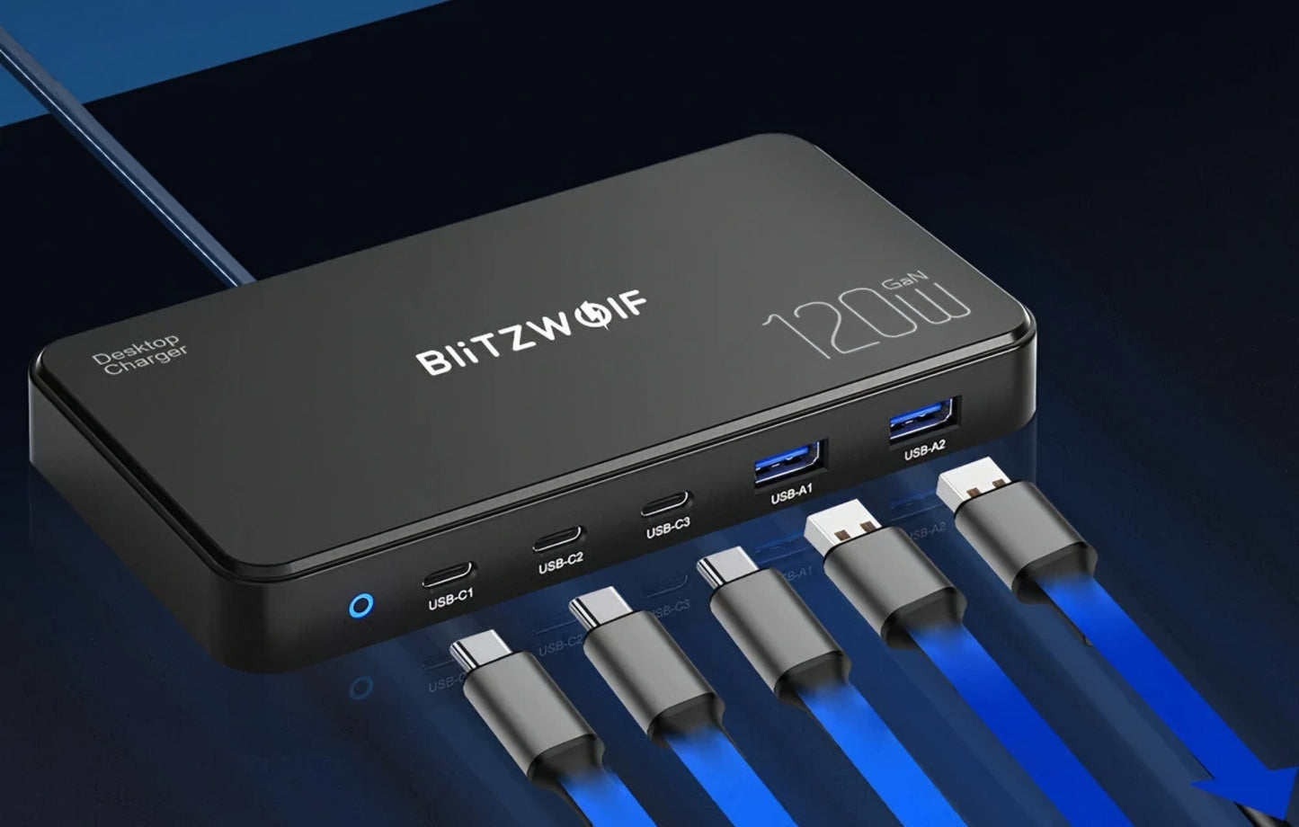 Ladestation BlitzWolf BW-i100, 120W, 5A, 2 x USB-A - 3 x USB-C, Schwarz