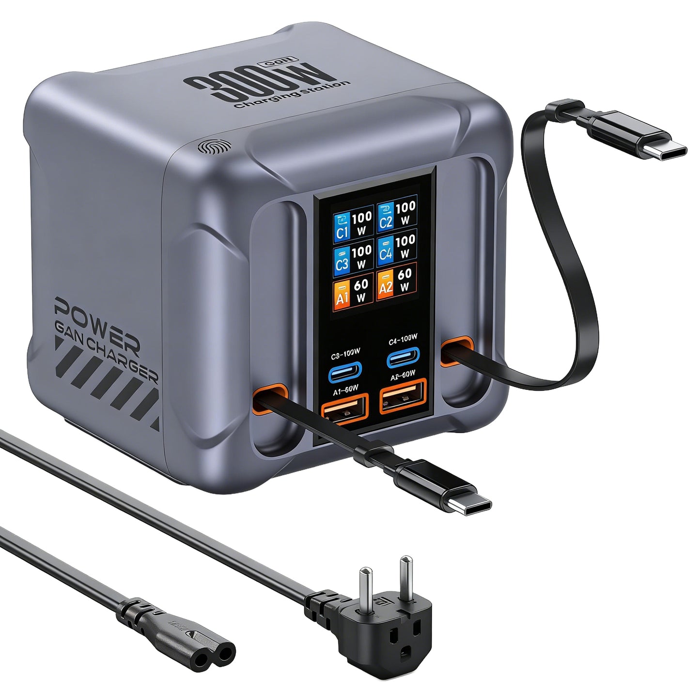 Ladestation mit USB-C-Kabel OEM HW866, 300W, 5A, 2 x USB-A - 2 x USB-C, Grau