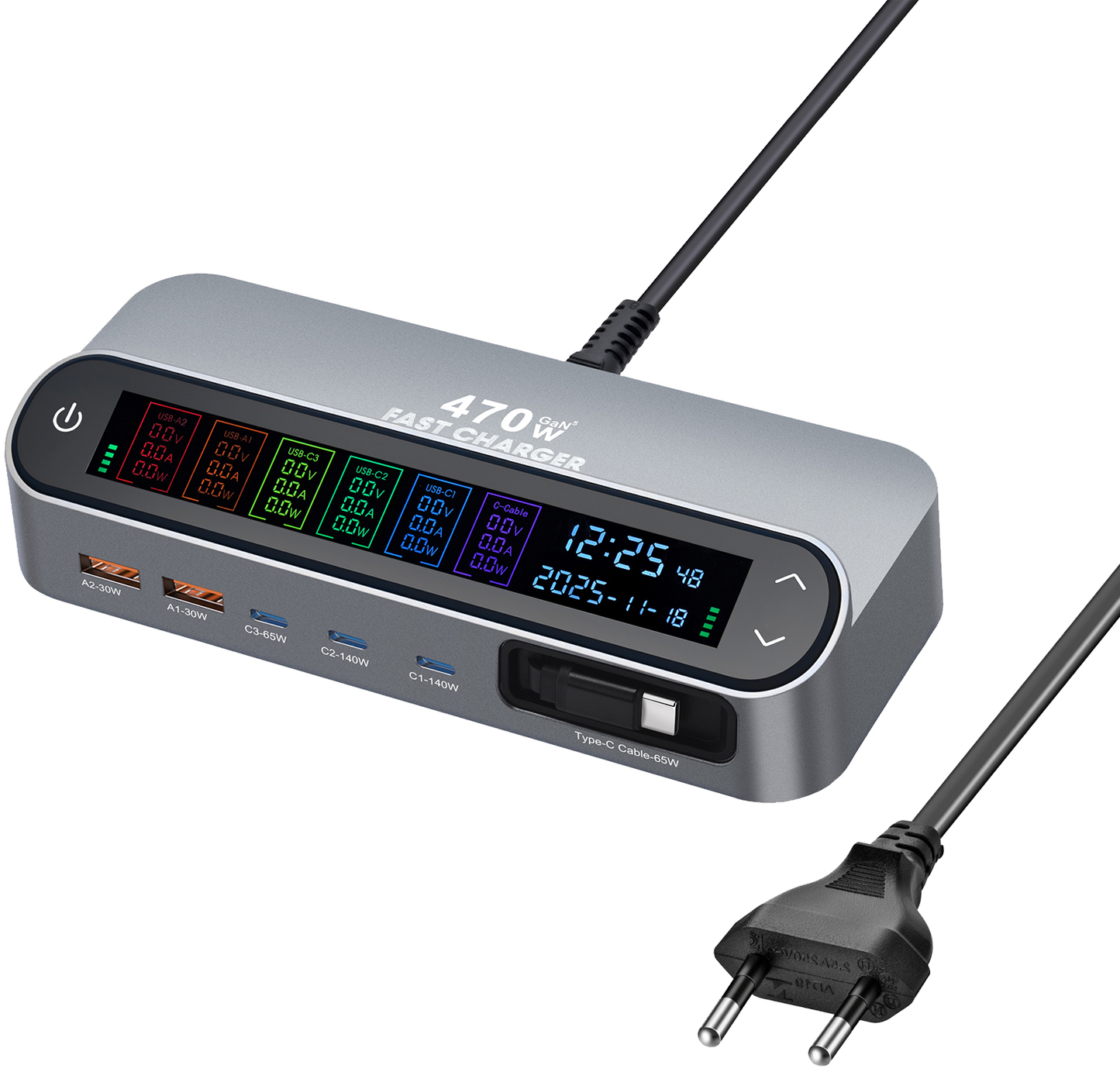 Station Charger With USB-C Cable OEM LCD470W, 470W, 5A, 2 x USB-A - 3 x USB-C, Gray