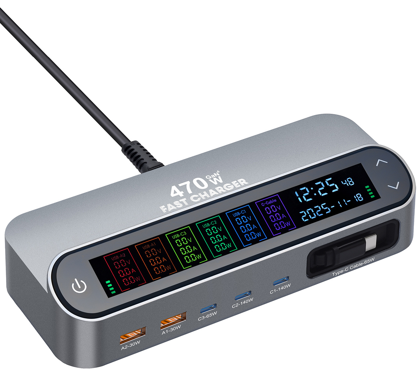Station Charger With USB-C Cable OEM LCD470W, 470W, 5A, 2 x USB-A - 3 x USB-C, Gray