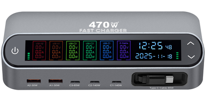 Station Charger With USB-C Cable OEM LCD470W, 470W, 5A, 2 x USB-A - 3 x USB-C, Gray