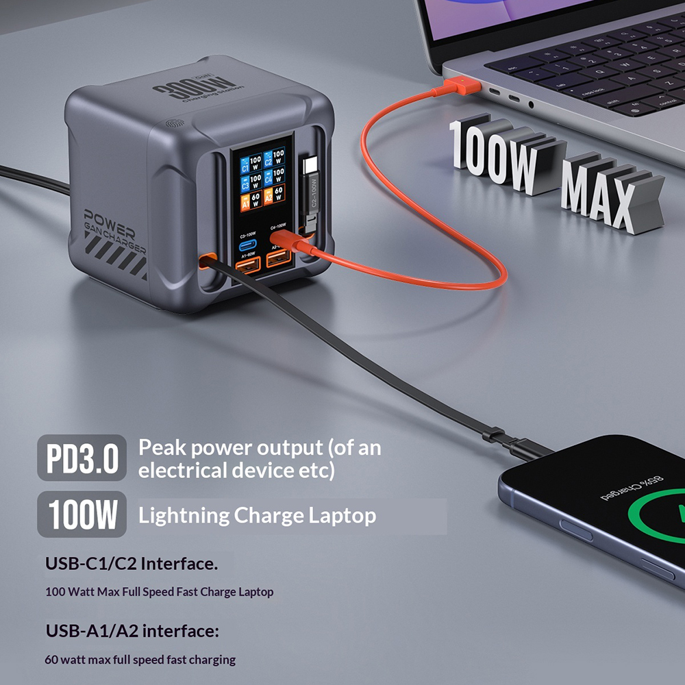 Ladestation mit USB-C-Kabel OEM HW866, 300W, 5A, 2 x USB-A - 2 x USB-C, Grau