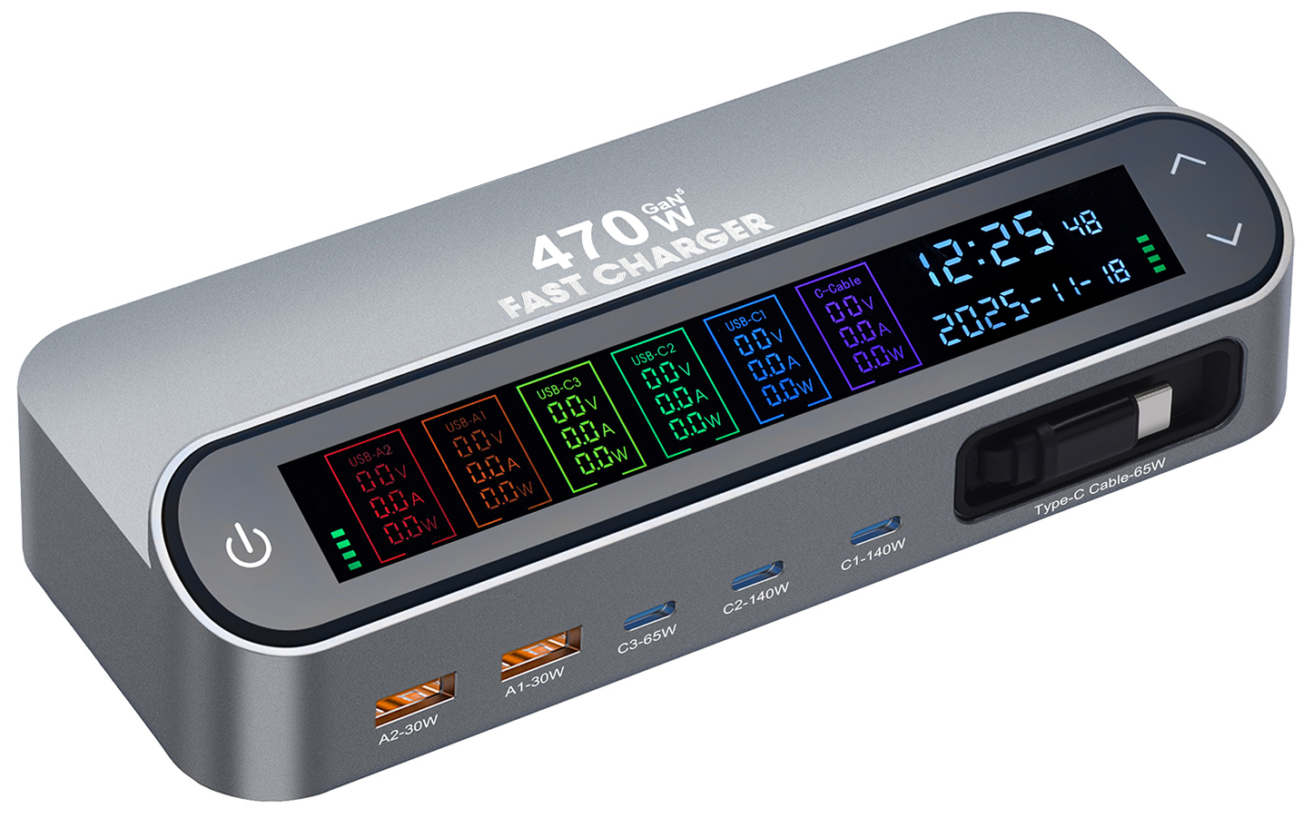 Station Charger With USB-C Cable OEM LCD470W, 470W, 5A, 2 x USB-A - 3 x USB-C, Gray