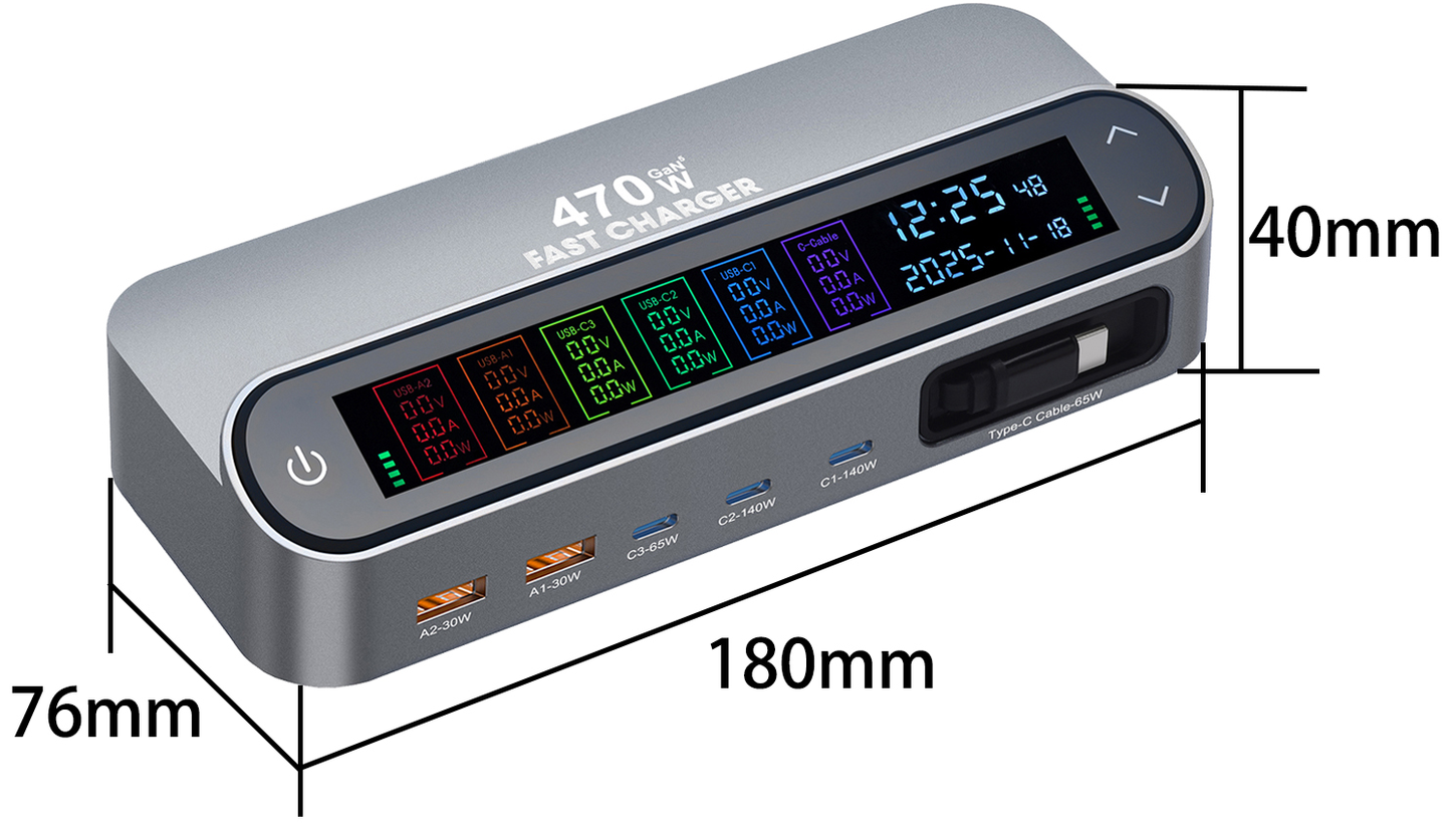 Station Charger With USB-C Cable OEM LCD470W, 470W, 5A, 2 x USB-A - 3 x USB-C, Gray