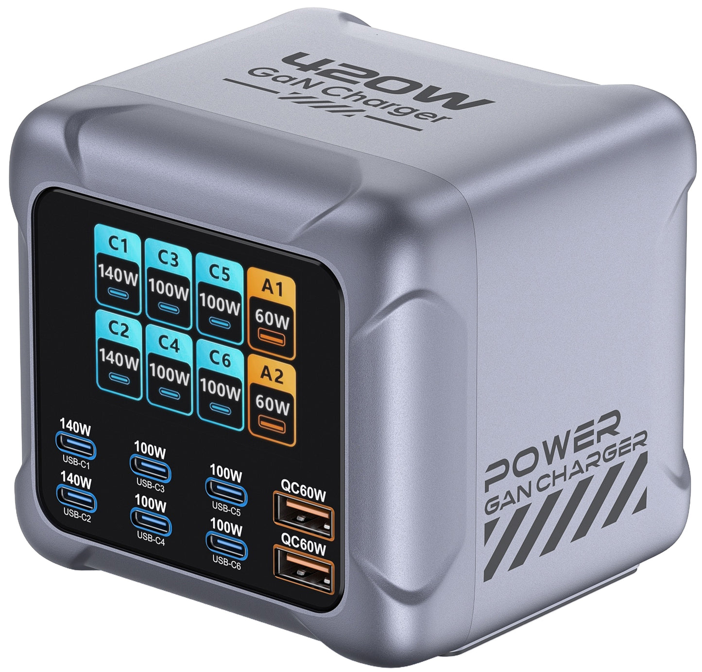 OEM BK-126D Station Charger, 140W, 5A, 2 x USB-A - 6 x USB-C, Gray