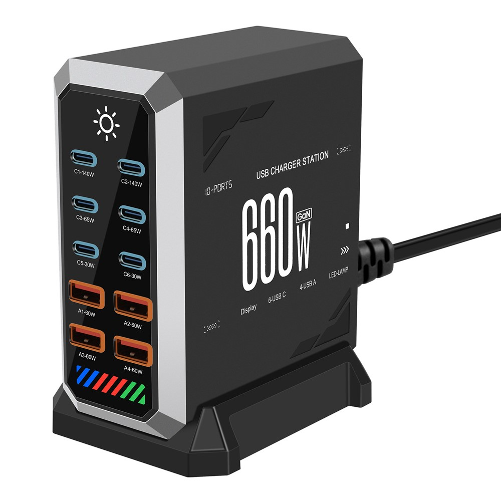 OEM HW18 Station Charger, 660W, 5A, 4 x USB-A - 6 x USB-C, Black
