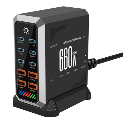OEM HW18 Station Charger, 660W, 5A, 4 x USB-A - 6 x USB-C, Black