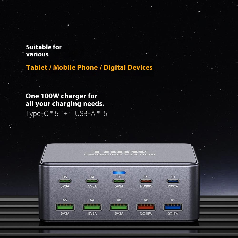 OEM Ladestation HW33 Ladegerät, 100W, 3A, 5 x USB-A - 5 x USB-C, Grau