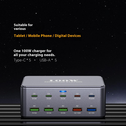 OEM Ladestation HW33 Ladegerät, 100W, 3A, 5 x USB-A - 5 x USB-C, Grau