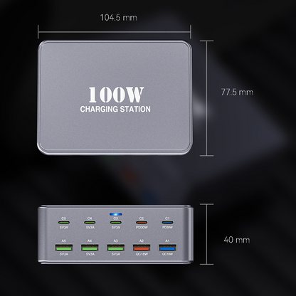 OEM Ladestation HW33 Ladegerät, 100W, 3A, 5 x USB-A - 5 x USB-C, Grau