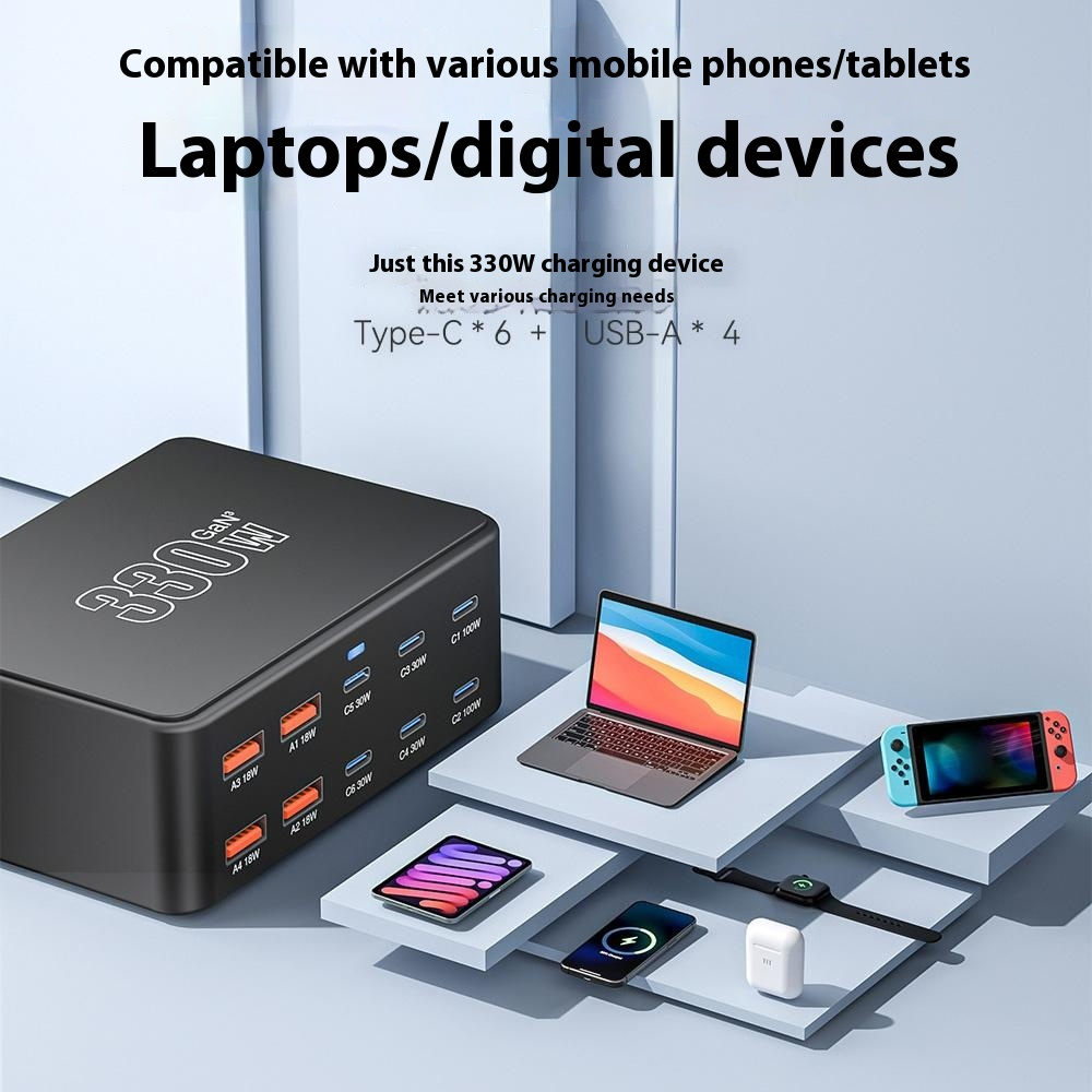 OEM Ladestation HW66, 330W, 5A, 4 x USB-A - 6 x USB-C, Schwarz