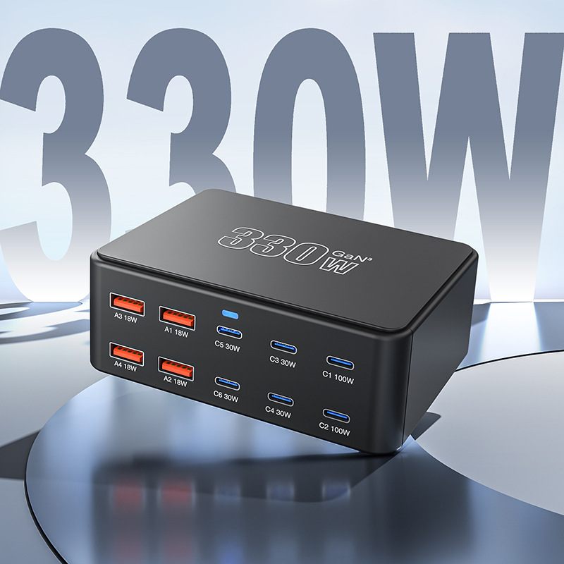 OEM Ladestation HW66, 330W, 5A, 4 x USB-A - 6 x USB-C, Schwarz