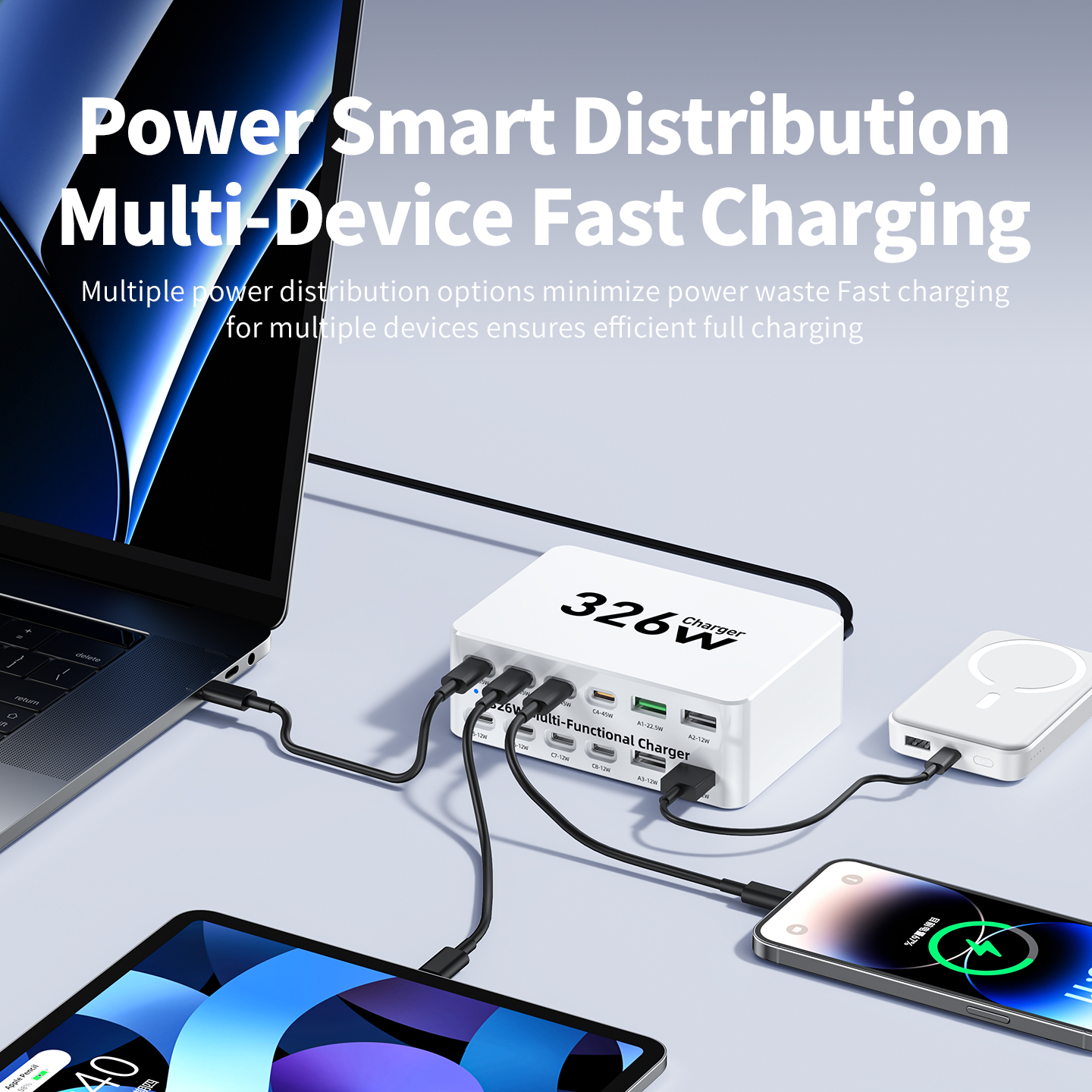 OEM-Ladestation WLX-818E, 326W, 3,25A, 4 x USB-A - 8 x USB-C, Weiß