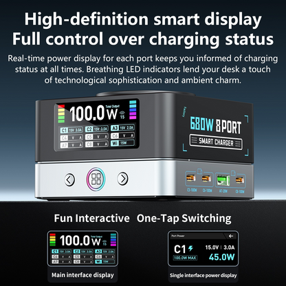 OEM WLX-R8A QI Station Charger, 140W, 5A, 2 x USB-A - 6 x USB-C, Gray