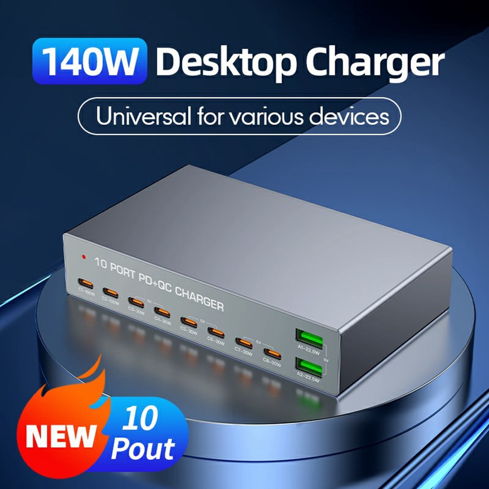 OEM-Ladestation WLX-X6Y, 140W, 5A, 2 x USB-A - 8 x USB-C, Silber