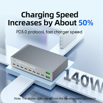 OEM-Ladestation WLX-X6Y, 140W, 5A, 2 x USB-A - 8 x USB-C, Silber