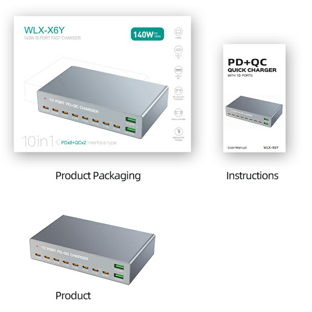 OEM-Ladestation WLX-X6Y, 140W, 5A, 2 x USB-A - 8 x USB-C, Silber