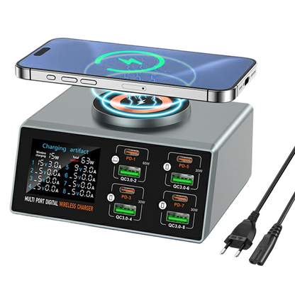 OEM WLX-X9S QI Station Charger, 140W, 3A, 4 x USB-A - 4 x USB-C, Silver