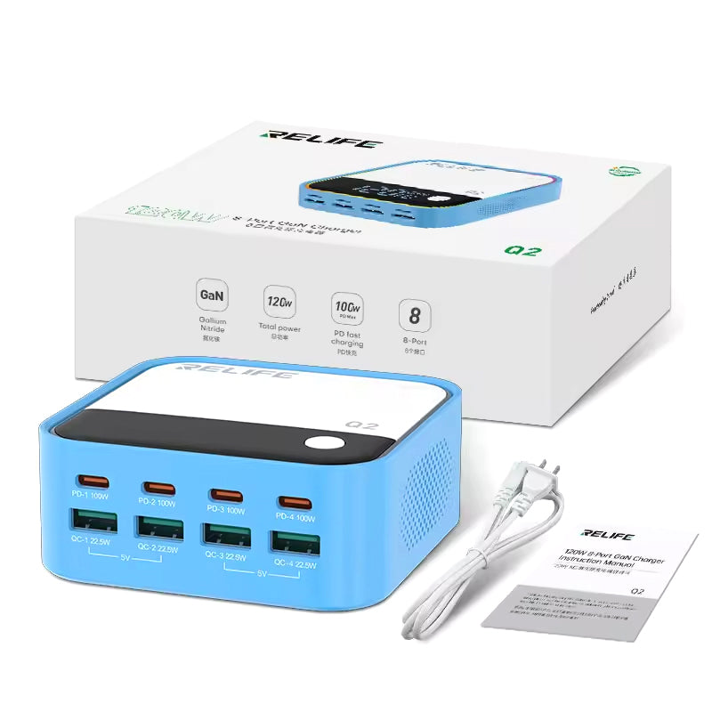 Ladestation Relife Q2, 120W, 5A, 4 x USB-A - 4 x USB-C, Blau