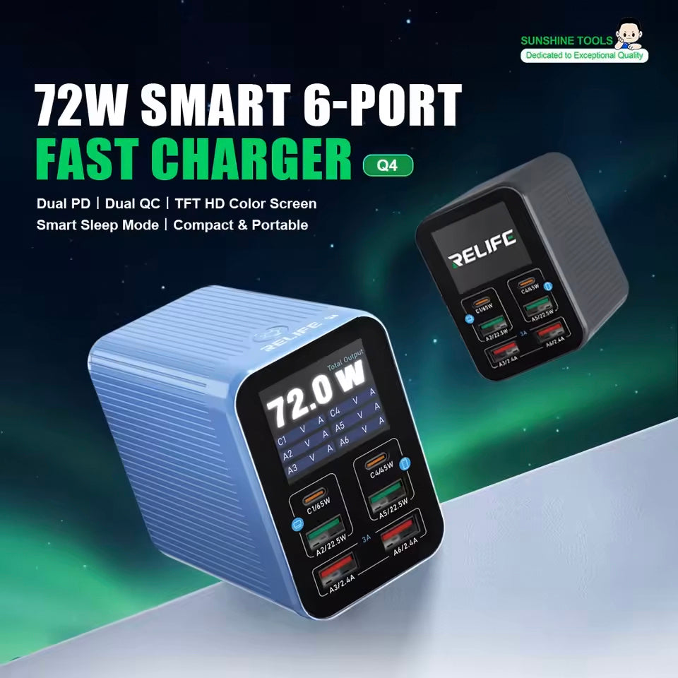 Relife Q4 Charging Station, 72W, 5A, 2 x USB-C - 4 x USB-A, Blue