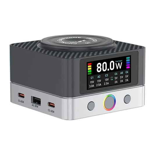 Ladestation Relife Q7 QI, 80W, 3.25A, 2 x USB-A - 4 x USB-C, Grau