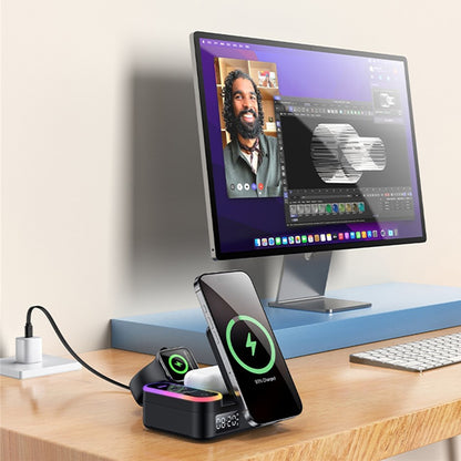 Yesido DS38 Display QI 3in1 Charging Station, 65W, 3A, 1 x USB-A - 2 x USB-C, Black