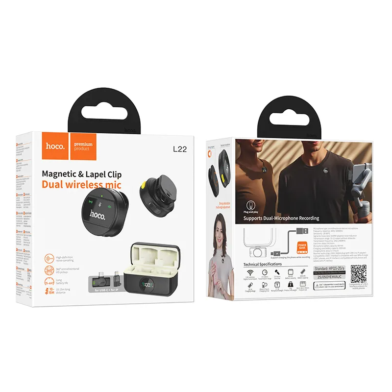 Lavaliermikrofon HOCO L22, USB-C / Lightning, Set 2 Stück, Schwarz